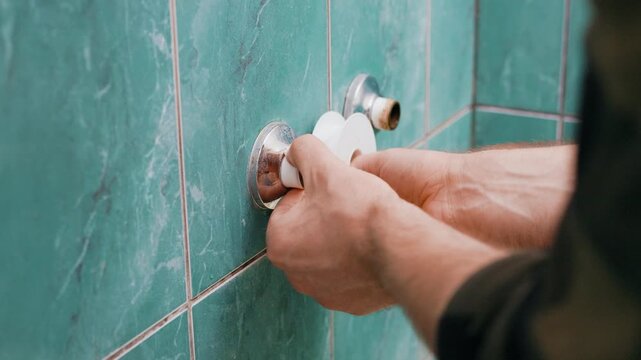man is doing plumbing DIY repairs, working as a handyman on a home renovation. He is fixing a pipe thread with tape for a faucet replacement. High quality 4k footage