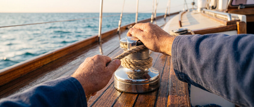 Sailor hands securing rope on winch aboard wooden deck of yacht at sea during sunset