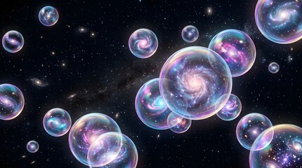 Naklejka premium Cosmic bubbles spiral galaxies encased in iridescent spheres against a starry sky