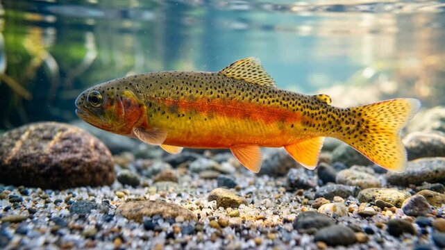 golden trout underwater close up in sierra nevada california mountain stream morning light video