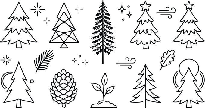 Pine tree icons set with Christmas fir spruce geometric forest elements pinecone leaf seedling and winter nature symbols