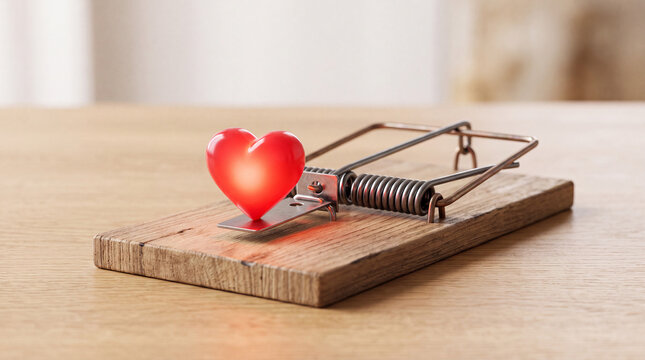 Red heart caught in mousetrap on wooden board symbolizing love risk and heartbreak