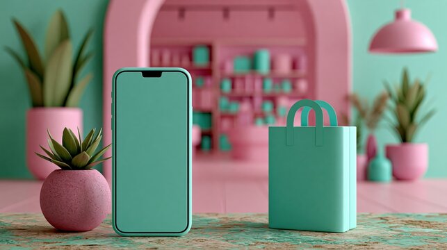 Blank smartphone and shopping bag in modern pastel retail setting