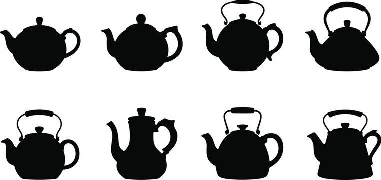 Teapot Silhouette Vector Icon Collection featuring Traditional Ceramic Kettles and Coffee Pot Graphic Elements for Kitchenware Cafe Logo Designs