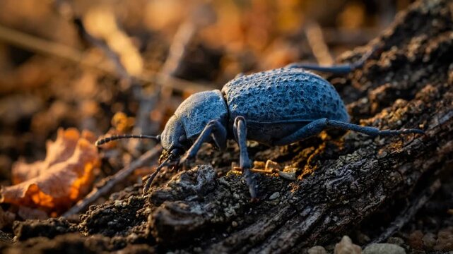 blue death feigning beetle macro close up golden light video