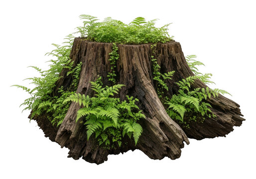 Old tree stump with green ferns growing on it isolated on transparent background