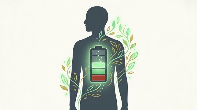 Human silhouette with glowing battery. Concept of body energy recharge and wellness.