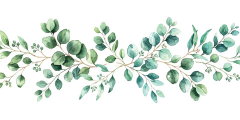 Watercolor eucalyptus leaves border with green branches and foliage ©  Designer