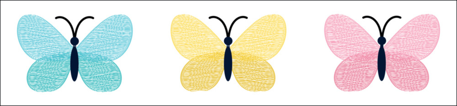A clean and professional vector illustration showing three colorful butterflies arranged in a horizontal row. Each butterfly features a unique cross-hatched texture on the wings making this graphic