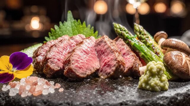 Premium Japanese Wagyu Beef Steak Slices on Hot Stone with Wasabi, Asparagus and Shiitake Mushrooms