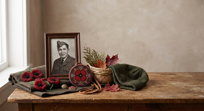 Military veteran memoirs featuring a black and white photo frame, poppy flower beadwork, a knit hat, and autumn leaves on a rustic wooden table.