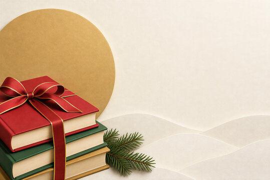 Christmas book gift stack with red ribbon, festive holiday reading concept on white background, winter literary scene with fir branch and gold circle