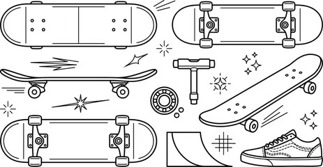 Skateboard vector icon collection black outline doodle set with decks wheels tool ramp sneakers and street skate culture elements © MdShakib