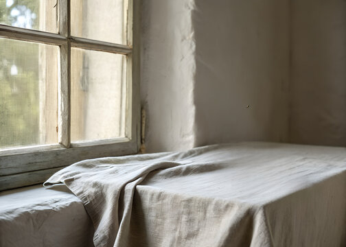  flat lay, window light, linen fabric background, minimal composition