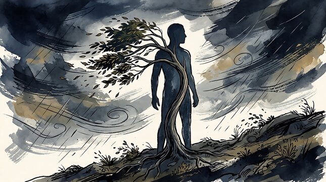 Man standing with tree in storm. Silhouette of person and plant bending in strong wind.