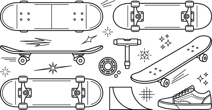 Skateboard vector icon collection black outline doodle set with decks wheels tool ramp sneakers and street skate culture elements