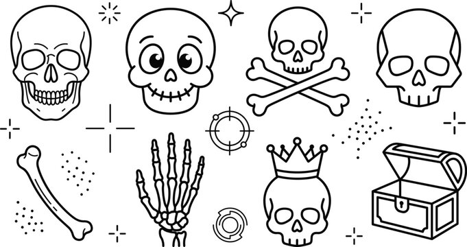 Human skull and crossbones skeleton hand king crown treasure chest vector icon