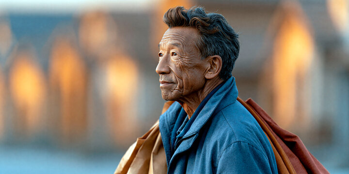 Elderly man in blue jacket carrying bags outdoors and looking into distance, candid portrait expressing aging, resilience, travel and everyday life
