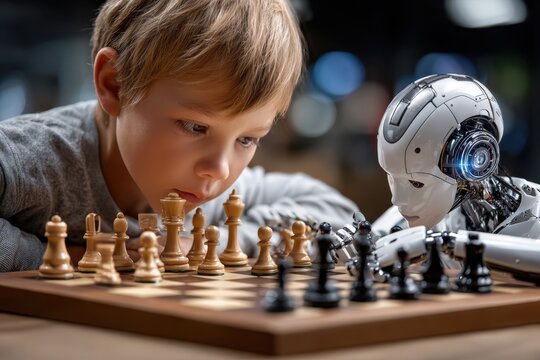 Child plays chess with robot opponent in a modern setting during daylight hours
