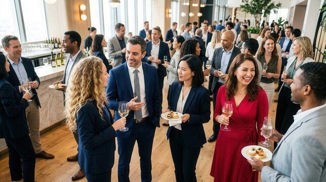 Diverse group of people chatting and networking at a lively social event.