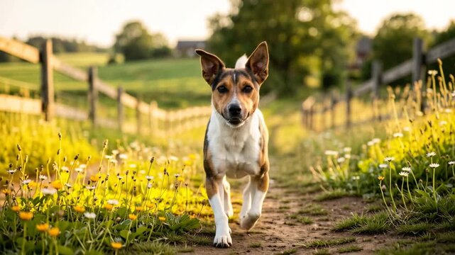 danish swedish farmdog walking through skagen denmark countryside path golden hour video