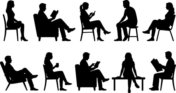 Diverse group of people sitting on chairs and sofas in various poses reading books or using mobile devices as black silhouettes with silhouette relaxing collection isolated lifestyle