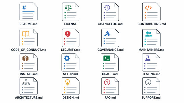 Collection of icons representing various project documentation files for software development and.