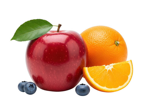 Fresh red apple orange and blueberries isolated on transparent background