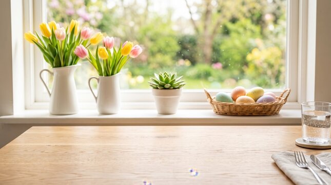 Spring Easter table setting with tulips in white vases and colorful eggs on windowsill for home interior background.
