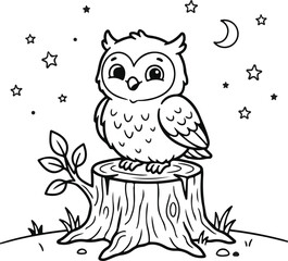 Fototapeta premium Cute cartoon owl sitting on tree stump with flowers. Adorable hand-drawn nocturnal bird illustration for kids and educational designs.