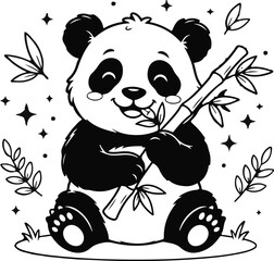 Cute panda eating bamboo in playful cartoon style. Adorable black and white bear illustration for kids coloring and educational designs. © Orvexa Design