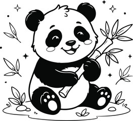 Cute panda bear sitting and holding bamboo leaf. Adorable cartoon animal illustration for kids coloring and educational projects. © Orvexa Design