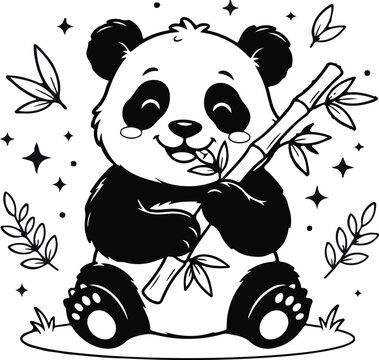 Cute panda eating bamboo in playful cartoon style. Adorable black and white bear illustration for kids coloring and educational designs.