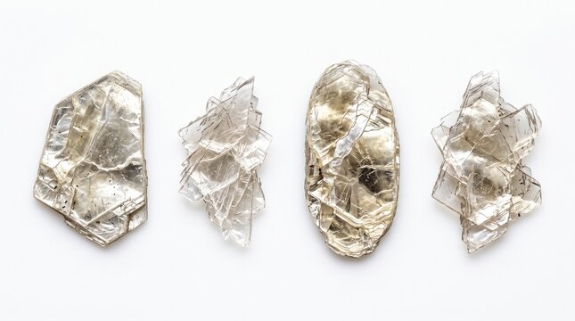 Natural mica mineral elements for cosmetics, geology, luxury branding and creative design. Isolated on White background.