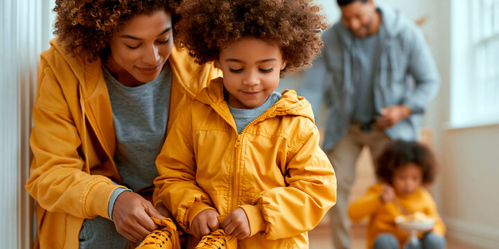 Mother helping young child tie shoes while family prepares to leave home, warm parenting moment expressing care, support, childhood and family bonding