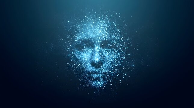 Digital human face made of glowing particles. AI technology concept with data visualization.