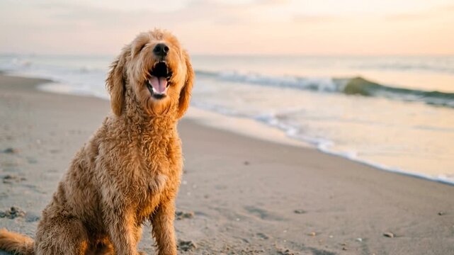 goldendoodle close up at cannon beach oregon morning light video