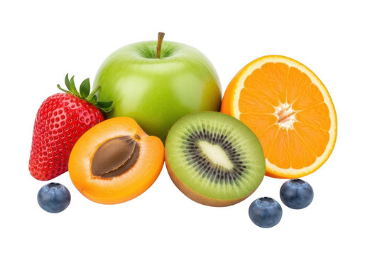 Fresh fruits including green apple, strawberry, apricot, kiwi, orange, and blueberries isolated on transparent background