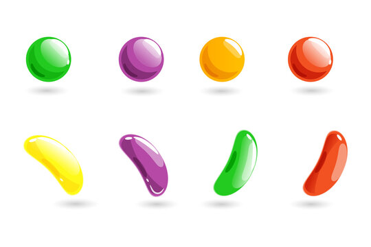 Vibrant cartoon jelly bean illustrations in various colors and shapes on transparent background