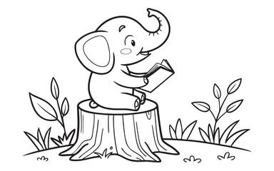 Coloring page of cute baby elephant sitting on wood stump reading book in field forest landscape.