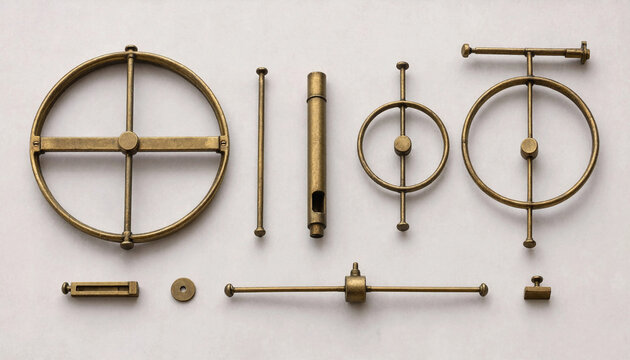 A collection of brass mechanical parts and circular rings laid out on a white background, for technical assembly, or engineering purposes