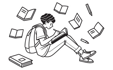 Student sitting on floor while studying and surrounded by floating books as educational concept.
