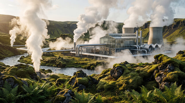 A high-tech geothermal power plant situated in a rocky volcanic valley. Thick white steam rises from the pipes, highlighting this powerful and natural renewable resource.