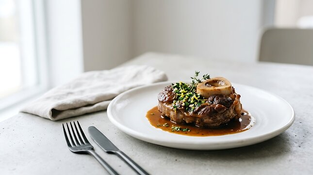 Delicious osso buco veal shank served on a white plate with fresh green herbs and rich brown sauce. veal osso bucco
