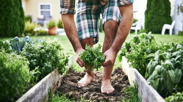 Barefoot gardener harvesting fresh herbs from raised garden bed. Sustainable gardening, healthy lifestyle and natural connection with earth