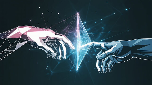 Two stylized hands reaching out to touch a glowing geometric prism, representing connection and technology