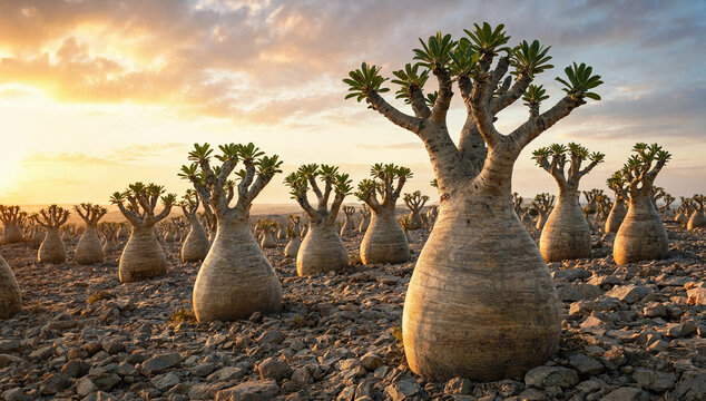 A field of unique bottle trees with thick trunks and green leaves under a dramatic sunset sky with clouds in a rocky desert landscape