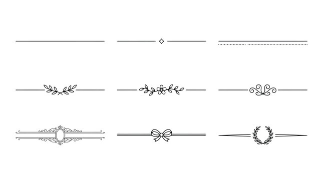 Vintage decorative dividers set, elegant floral line borders and page breaks, 9 black vector ornaments for wedding invitations and book design