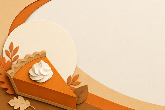 Paper cut pumpkin pie slice with whipped cream, autumn harvest background with copy space, handcrafted paper art for Thanksgiving greeting card
