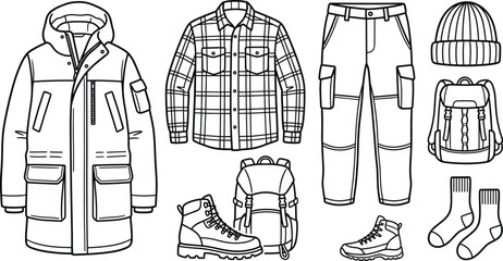 Winter outdoor clothing icons set with winter parka jacket plaid flannel shirt cargo pants boots backpack and beanie © MdShakib